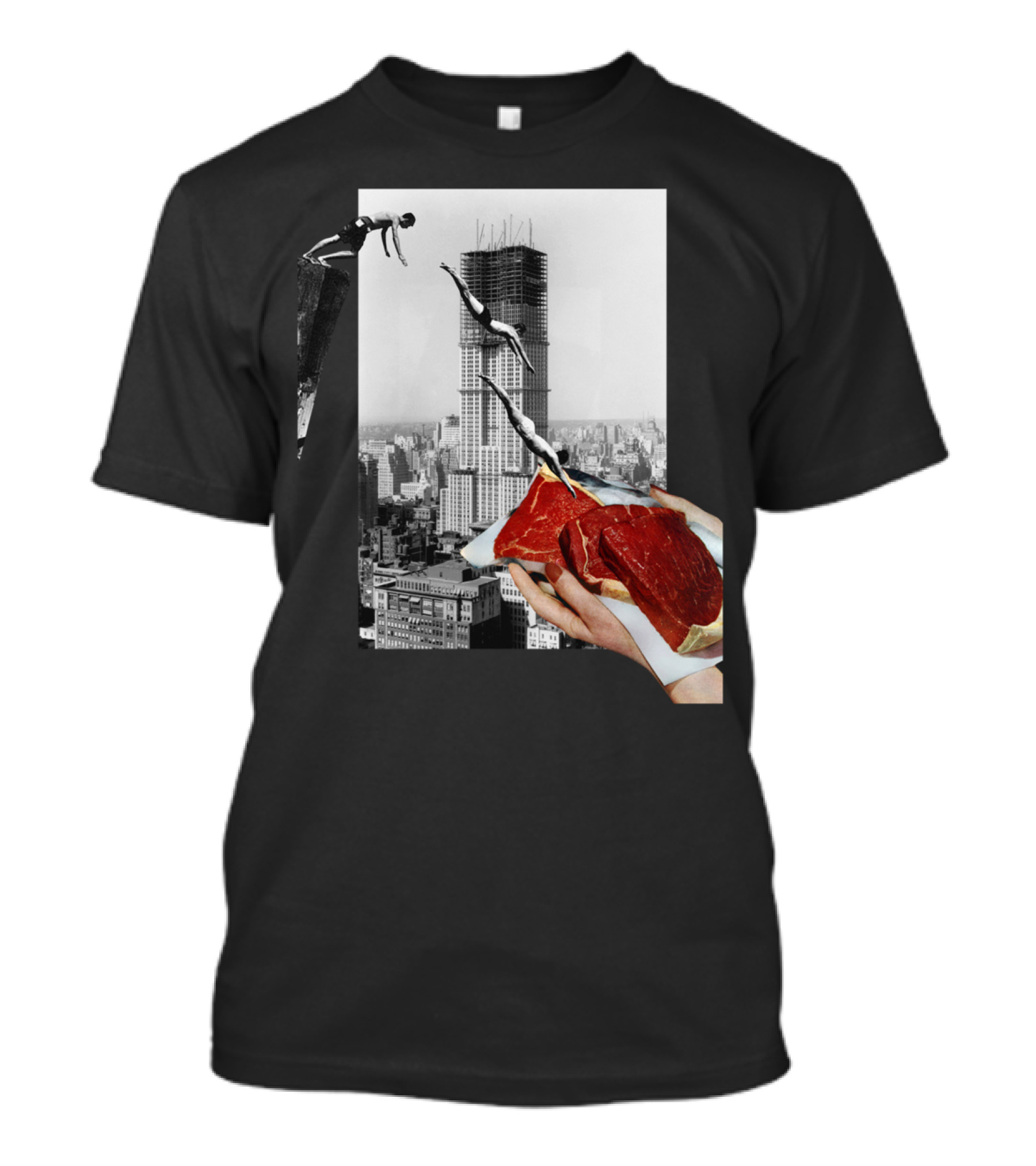 Metropolis Diving Over Cityscape With Meat Collage T-Shirt