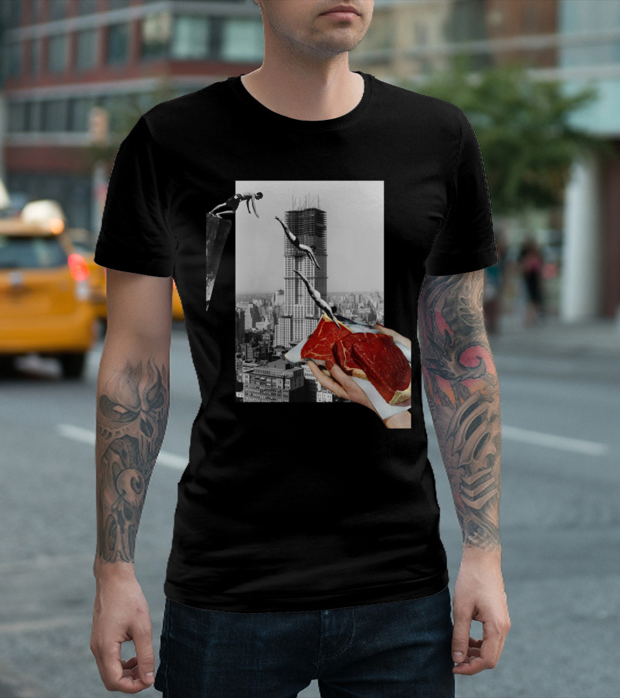 Metropolis Diving Over Cityscape With Meat Collage T-Shirt