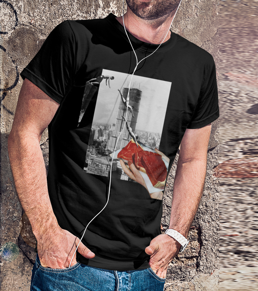 Metropolis Diving Over Cityscape With Meat Collage T-Shirt