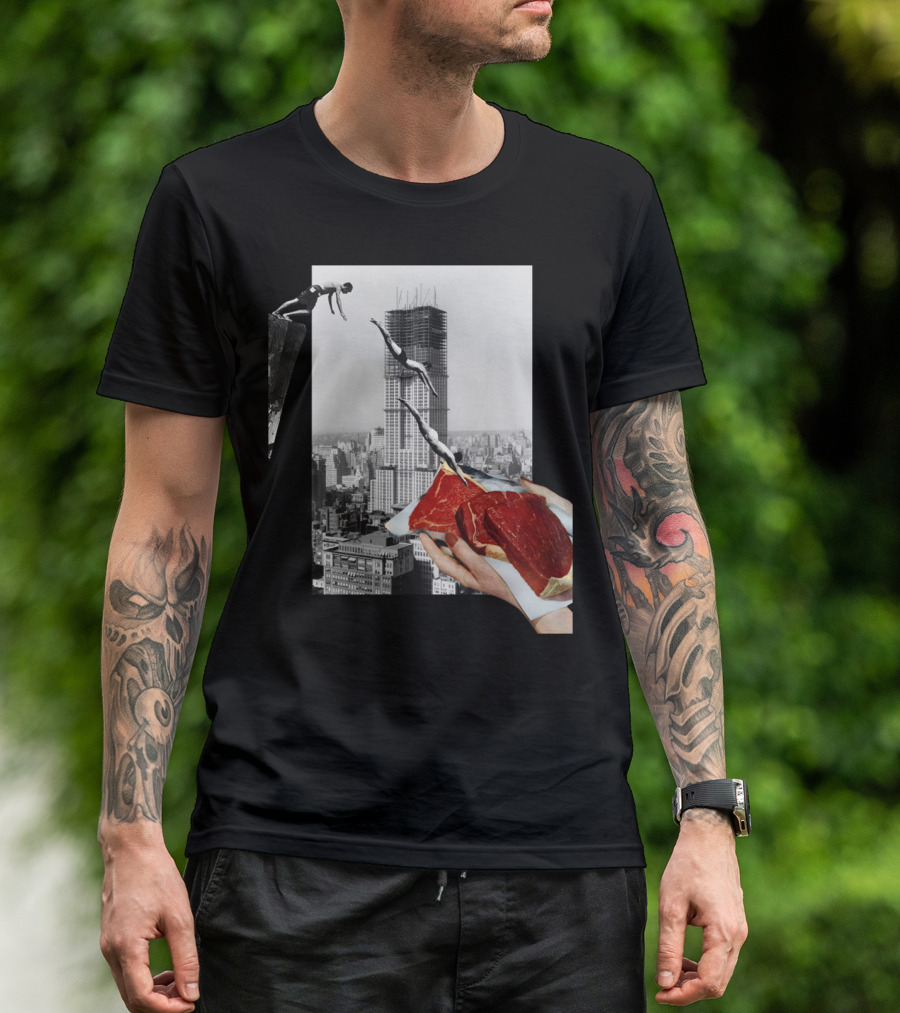 Metropolis Diving Over Cityscape With Meat Collage T-Shirt