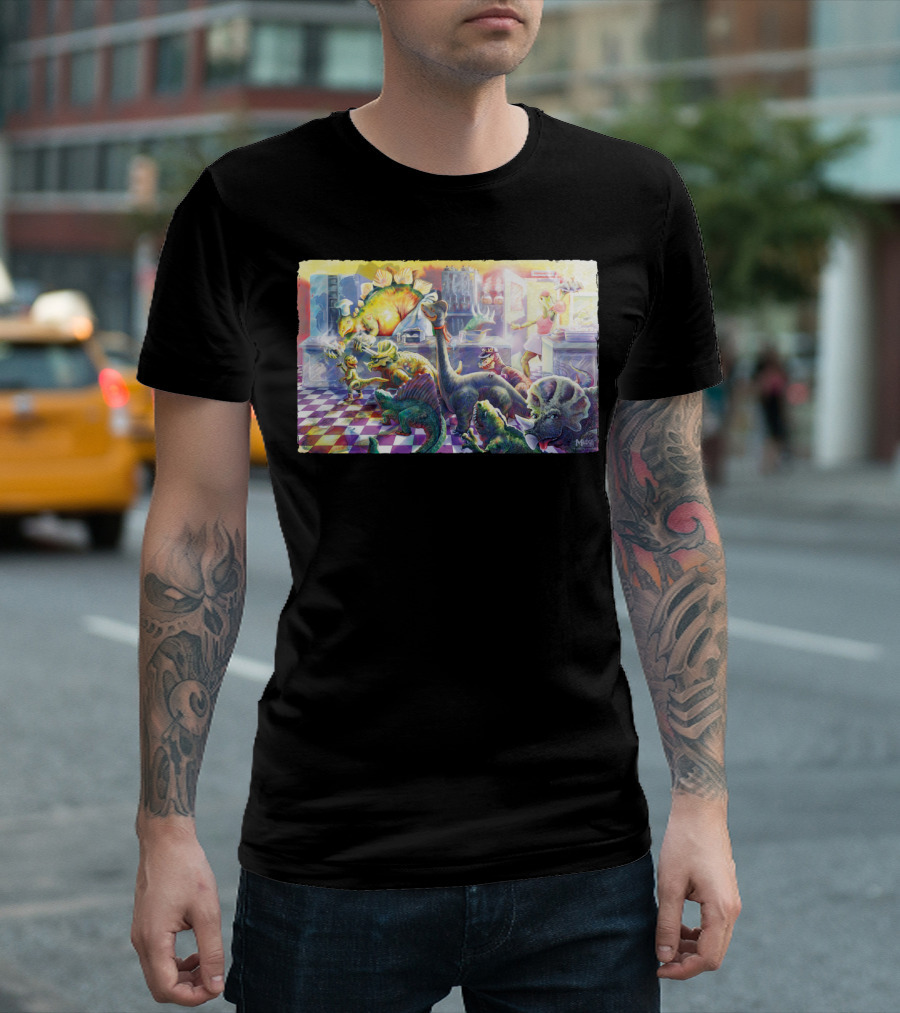Lunch Bell Dinosaur Cafe Colorful Dinosaur Kitchen Scene By Maxx Channel T-Shirt