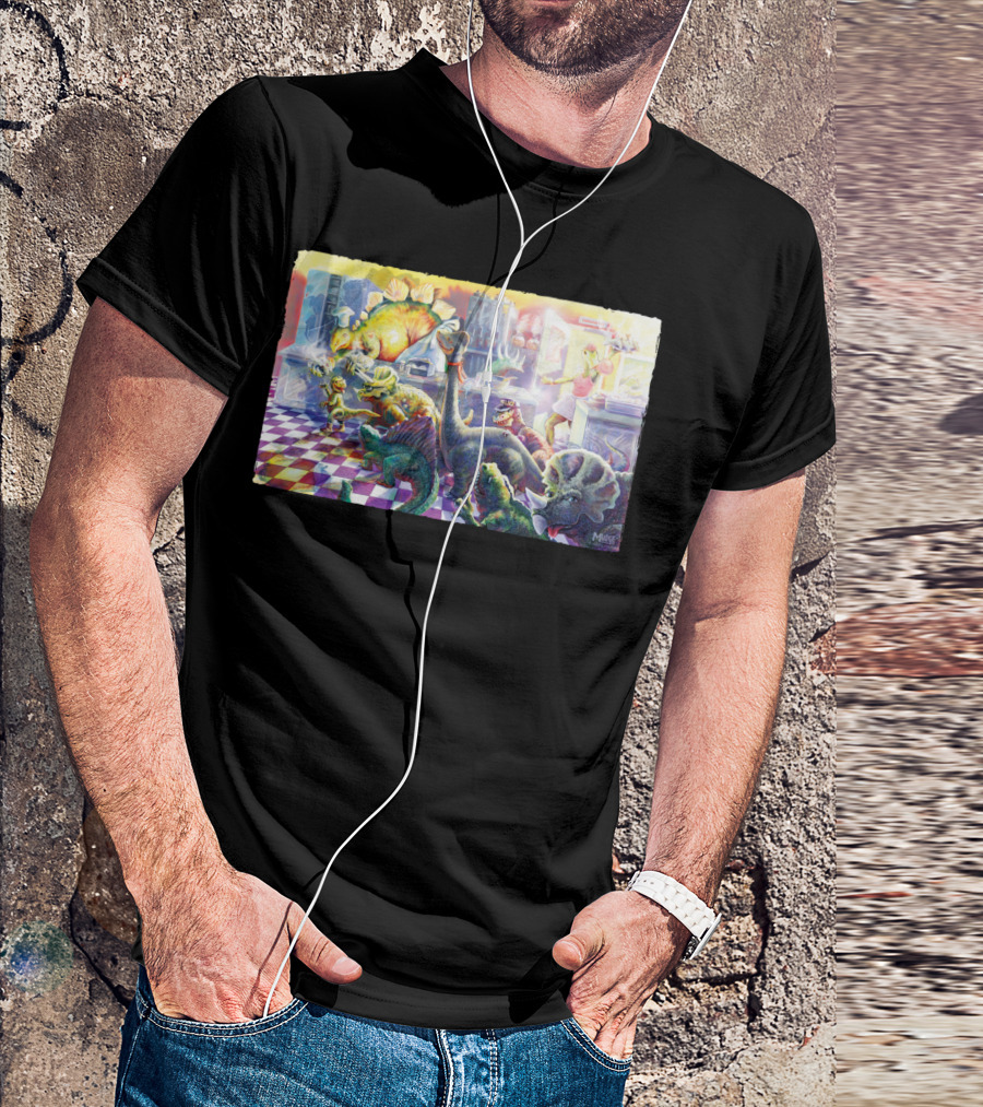 Lunch Bell Dinosaur Cafe Colorful Dinosaur Kitchen Scene By Maxx Channel T-Shirt