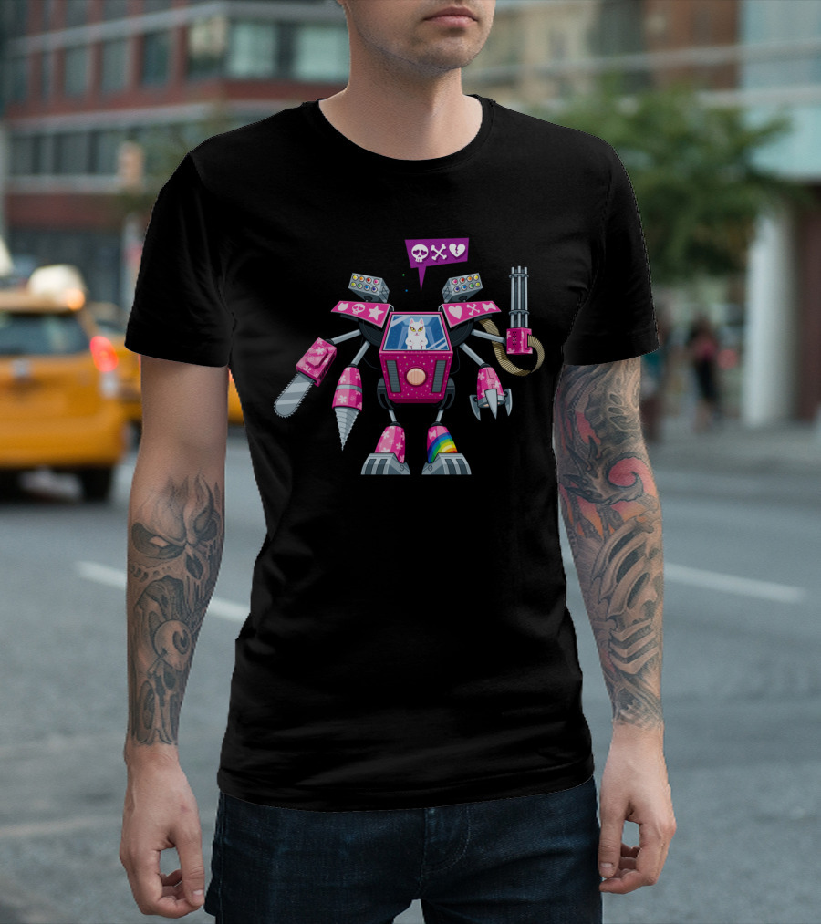 Robo Pussycat Mecha With Chainsaw Drill And Gatling Gun T-Shirt