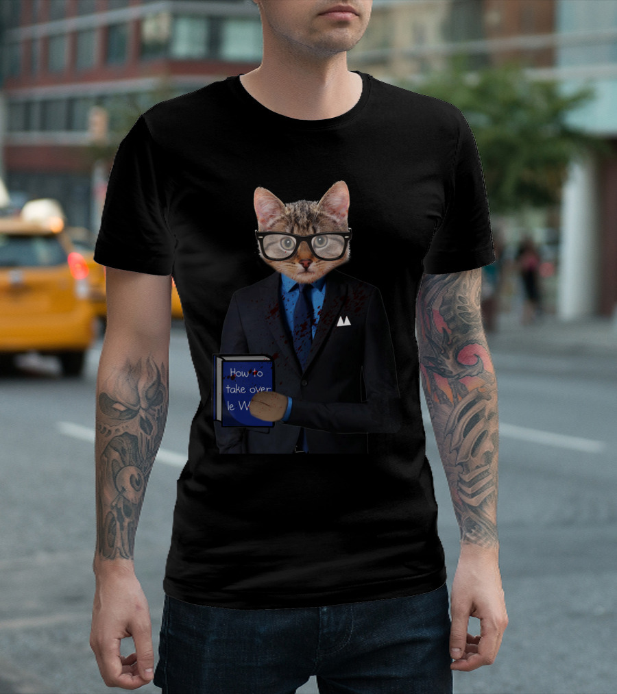 The Day Has Come for Cat in Suit with Glasses Holding How to Take Over the World Book T-Shirt