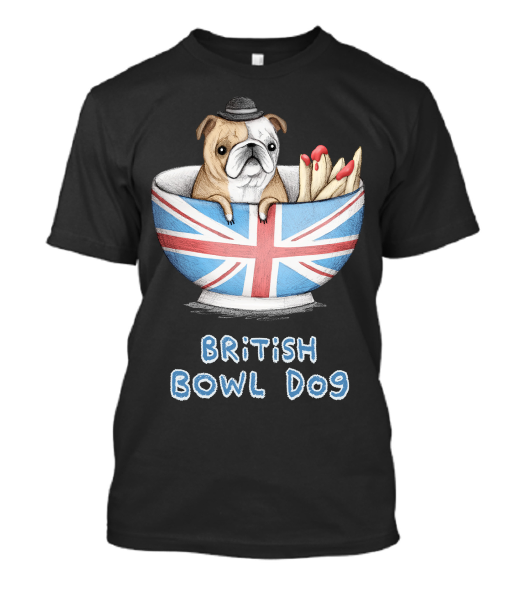 British Bowl Dog Fries Bulldog UK Union Jack Bowler Hat T-Shirt