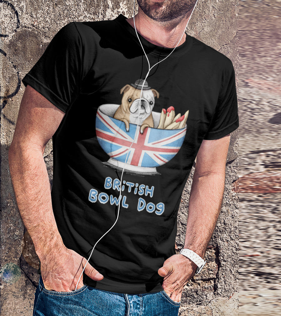 British Bowl Dog Fries Bulldog UK Union Jack Bowler Hat T-Shirt