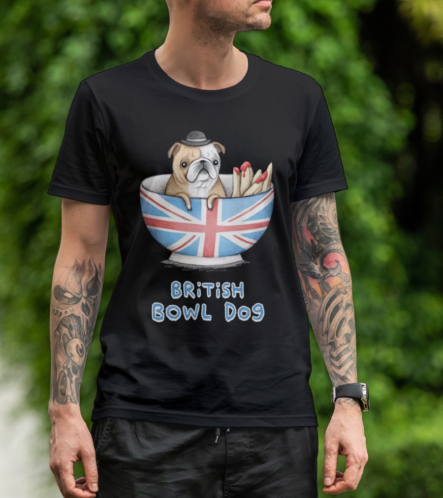 British Bowl Dog Fries Bulldog UK Union Jack Bowler Hat T-Shirt