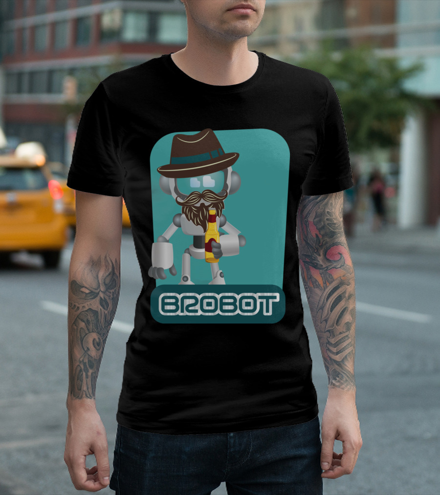BROBOT Robot with Hat and Beard Holding Bottle T-Shirt
