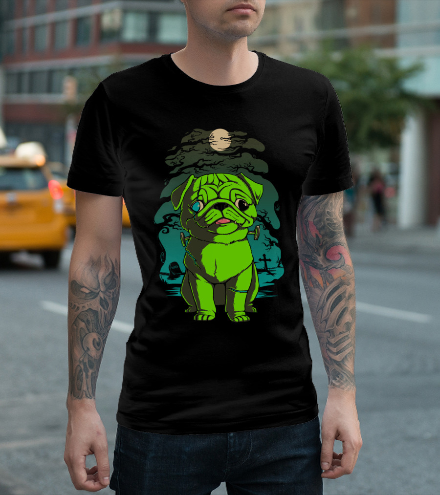 Pugenstein Frankenstein Pug Green Monster with Moon and Cemetery Background T-Shirt