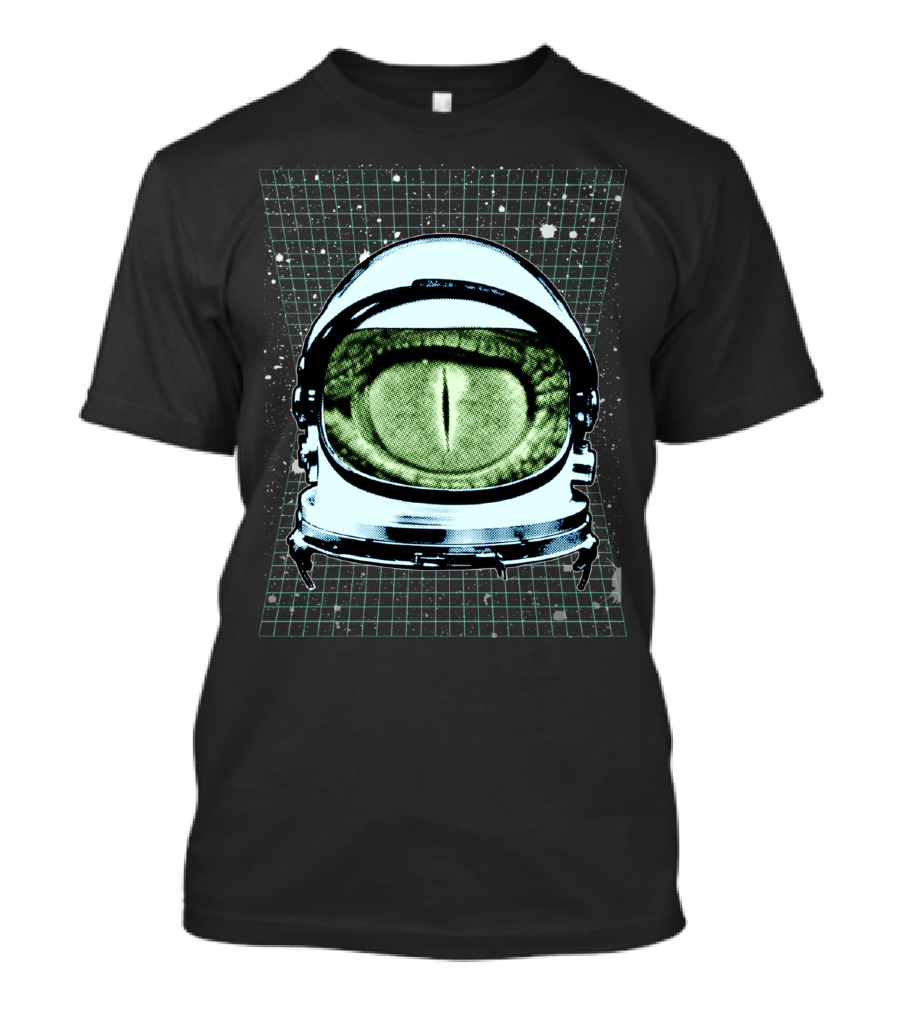 Astro Reptoid Eye In Astronaut Helmet With Galactic Grid Background T-Shirt
