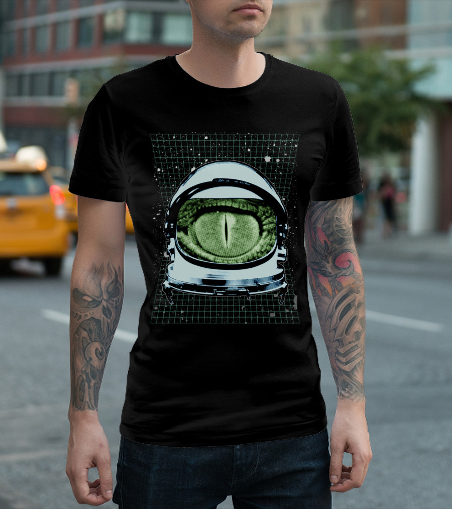 Astro Reptoid Eye In Astronaut Helmet With Galactic Grid Background T-Shirt