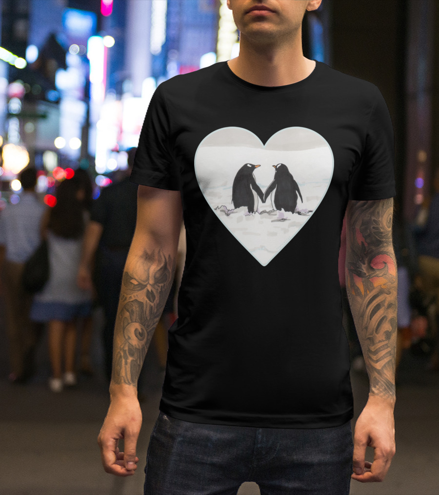 Penguins In Love Heart Snow Scene T-Shirt