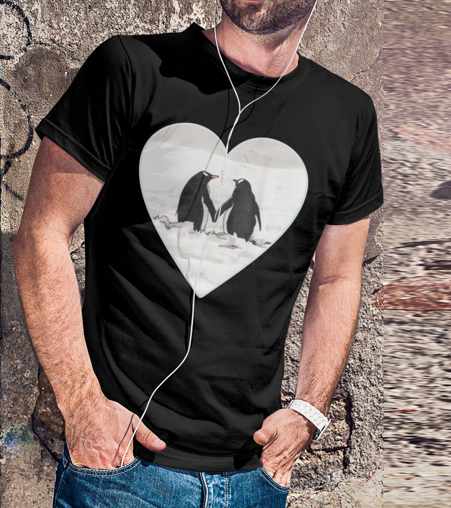 Penguins In Love Heart Snow Scene T-Shirt