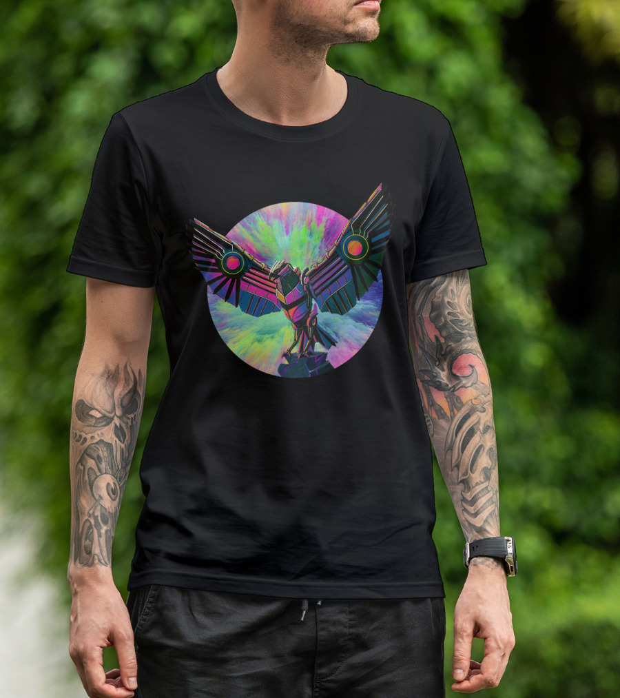 Neon Robot Eagle Symphony In Flight T-Shirt