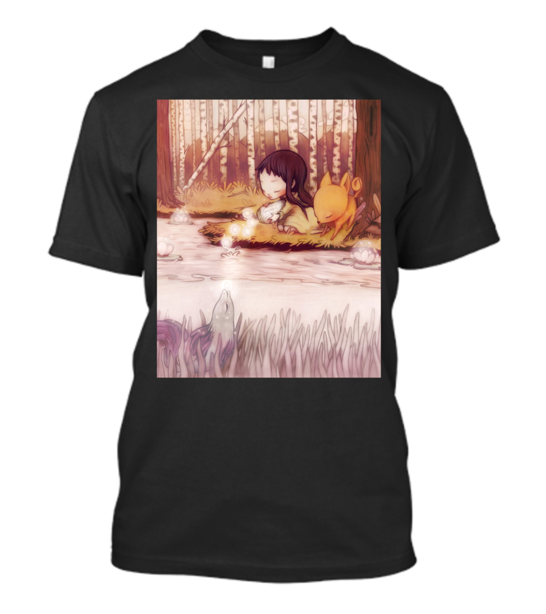 Finders Keepers Tranquil Forest Scene With Child And Creature By Water T-Shirt