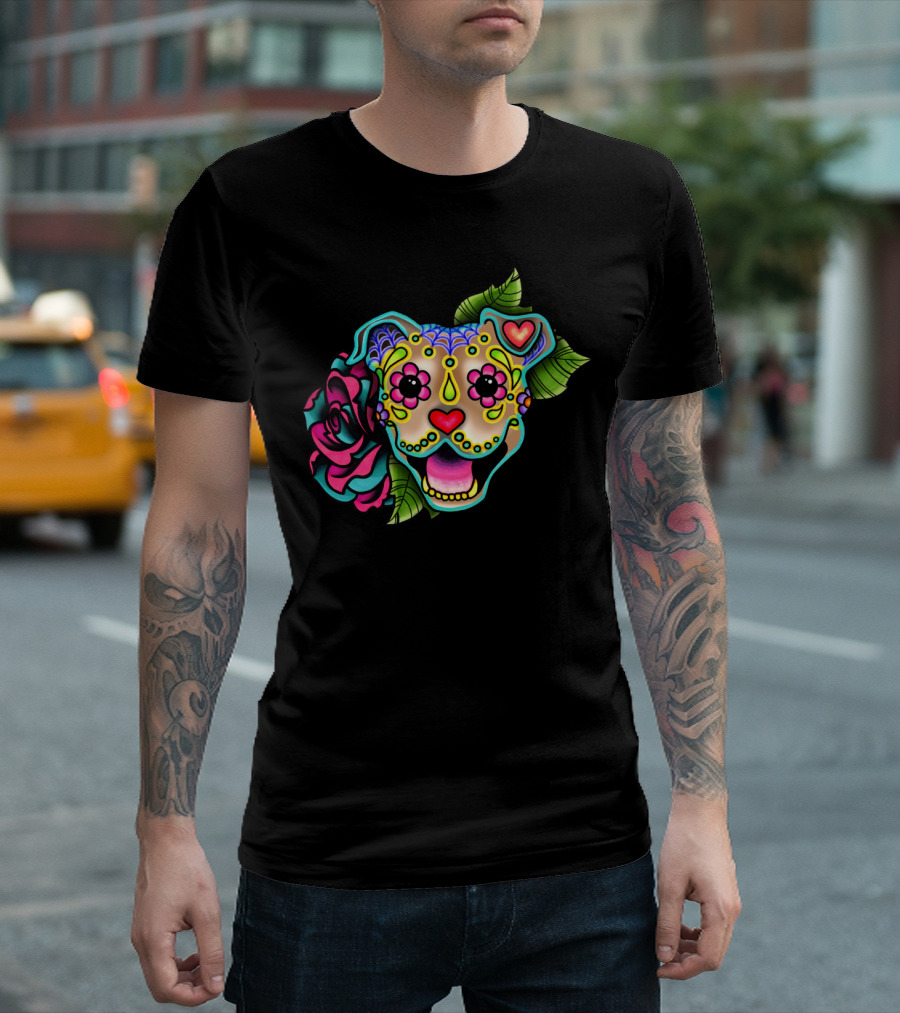 Smiling Pit Bull Fawn Day of the Dead Rose T-Shirt