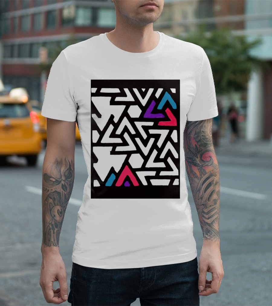Broken Geometric Window Pattern Triangles in Blue Red and Pink T-Shirt