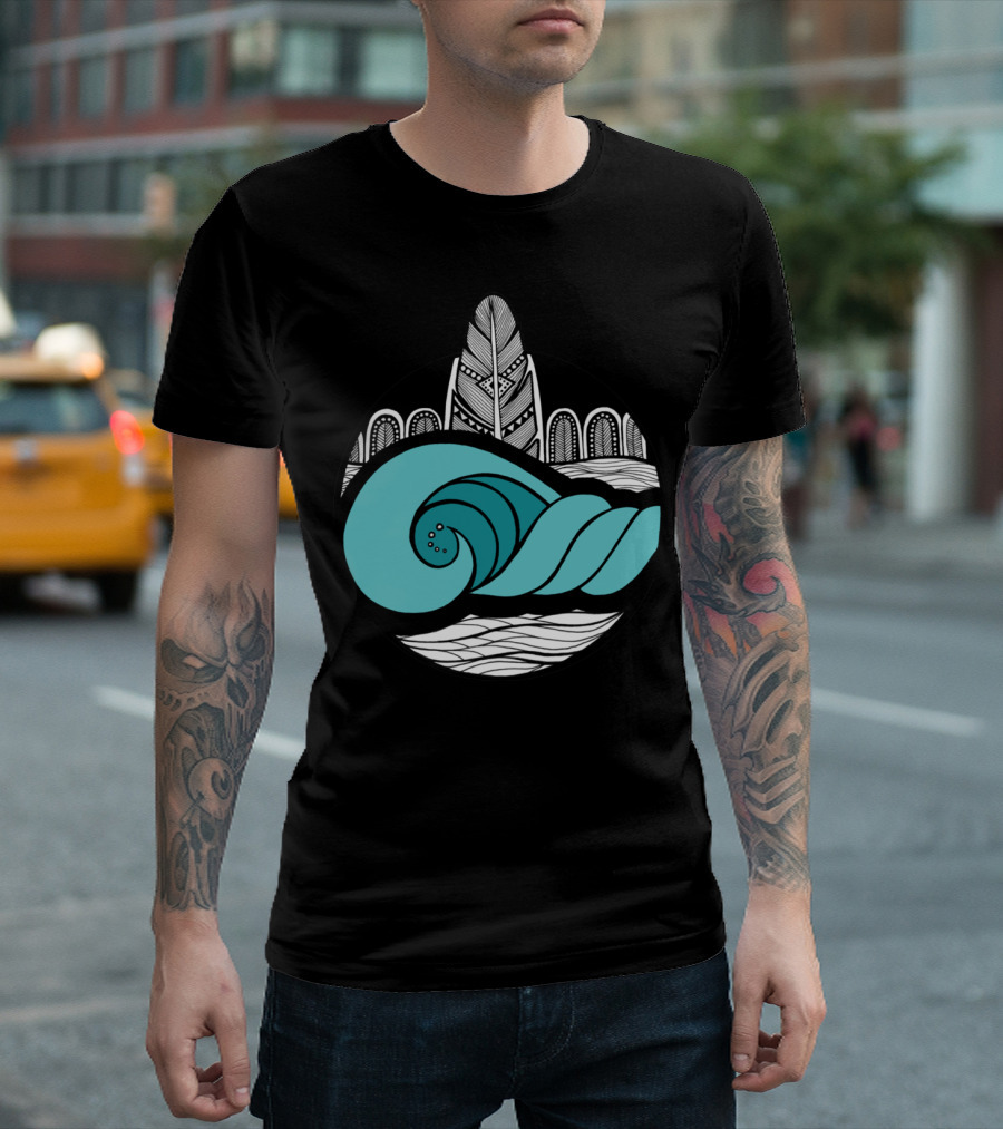 Ocean Wanderlust Wave and Tribal Feather T-Shirt