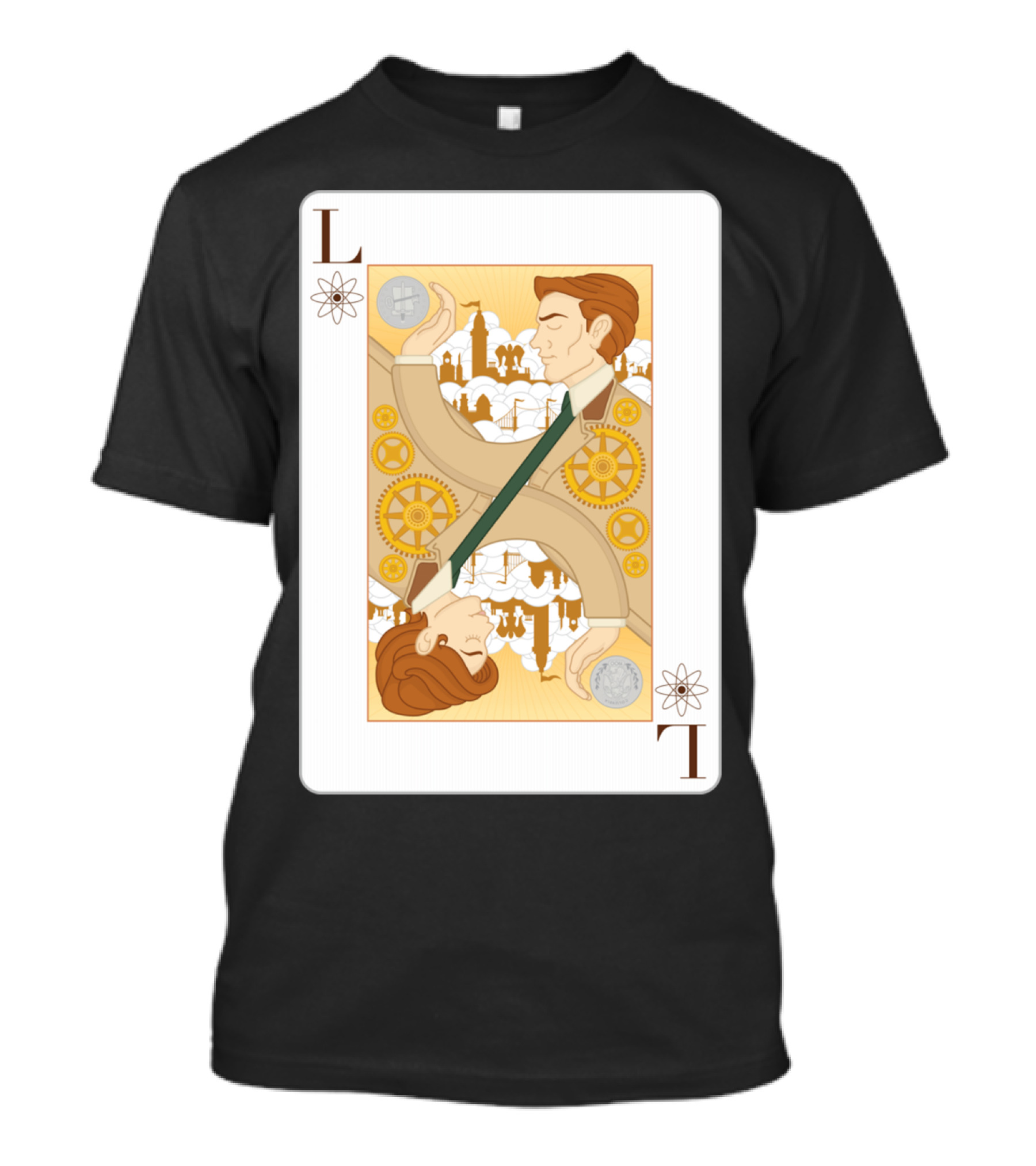 Lutece Twins Playing Card Steampunk Gears And Cityscape T-Shirt