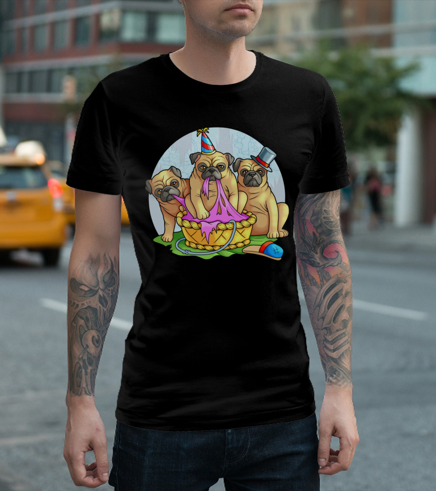 Pugs in Party Hats with Basket and Top Hat T-Shirt