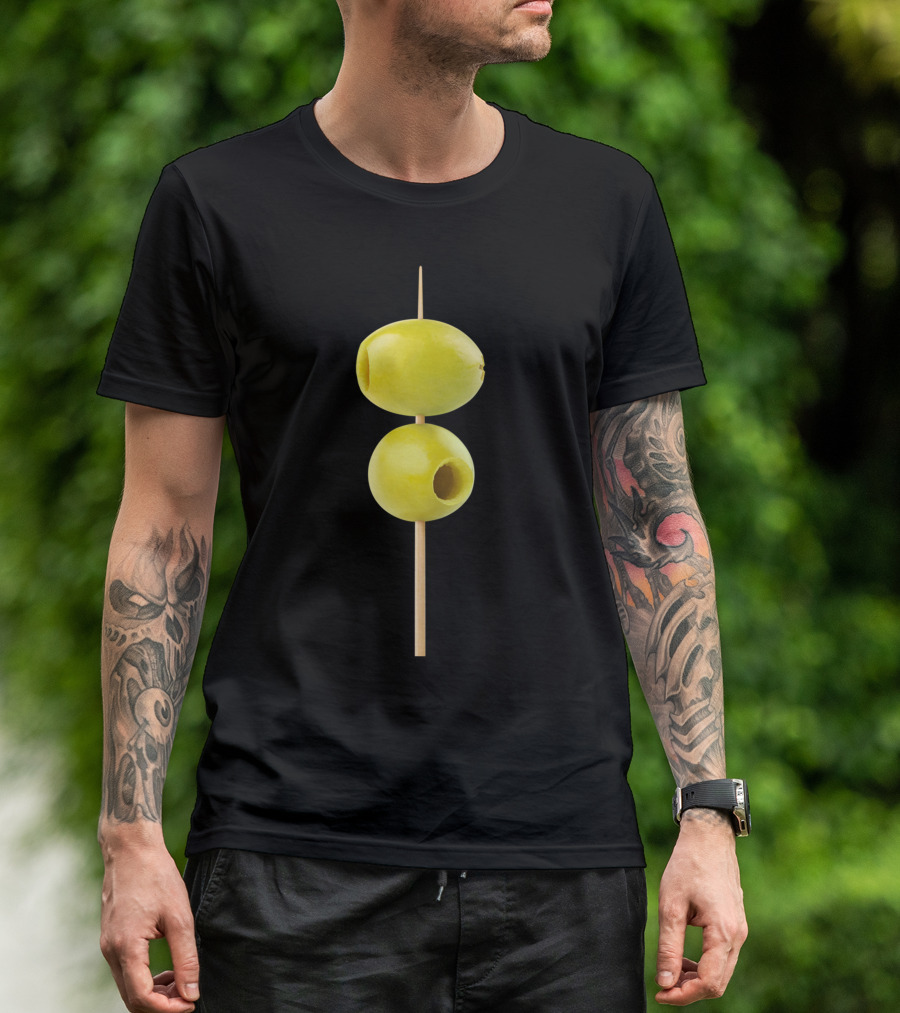 Two Green Pitted Olives On A Skewer Minimalist Food T-Shirt