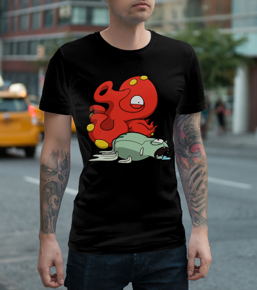 Octolutions Red Cartoon Octopus Creature With Defeated Fish T-Shirt
