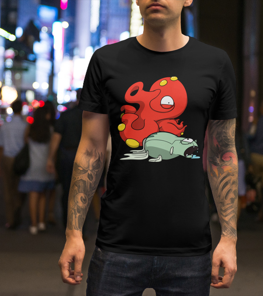 Octolutions Red Cartoon Octopus Creature With Defeated Fish T-Shirt