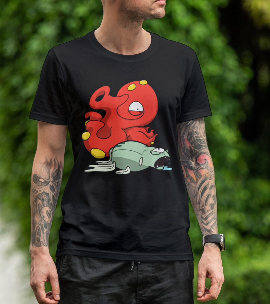 Octolutions Red Cartoon Octopus Creature With Defeated Fish T-Shirt