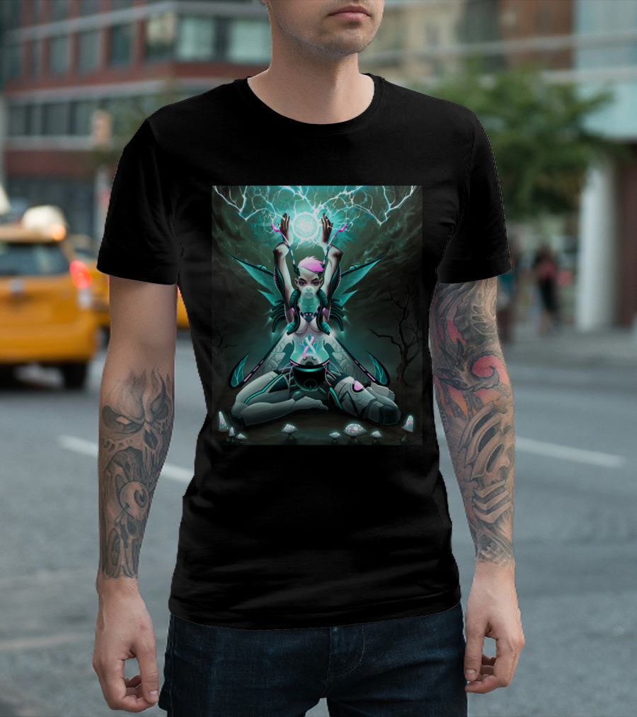 Robotic Enchanted Fairy with Electric Aura and Luminous Fungi T-Shirt