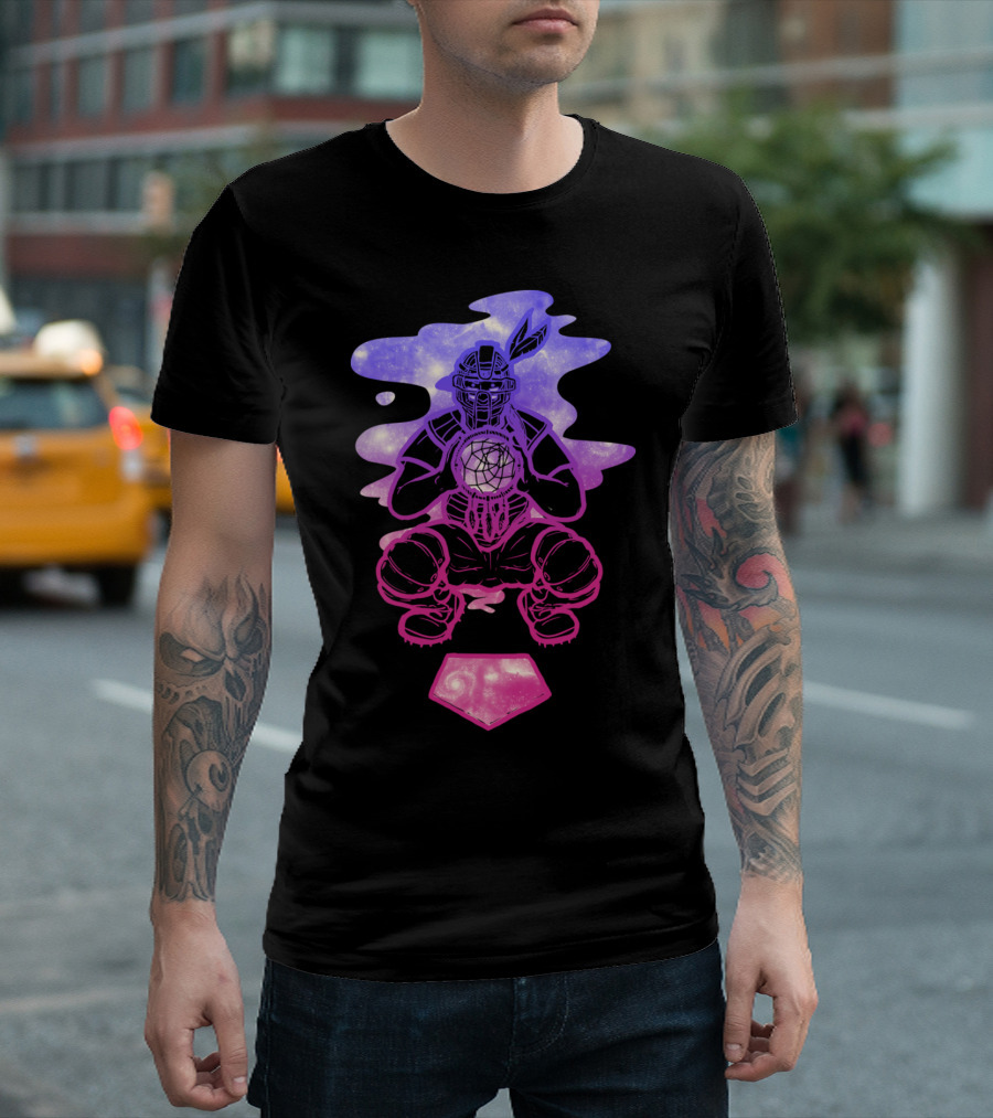 Dreamcatcher Baseball Catcher Holding Starry Dreamcatcher with Cosmic Elements T-Shirt