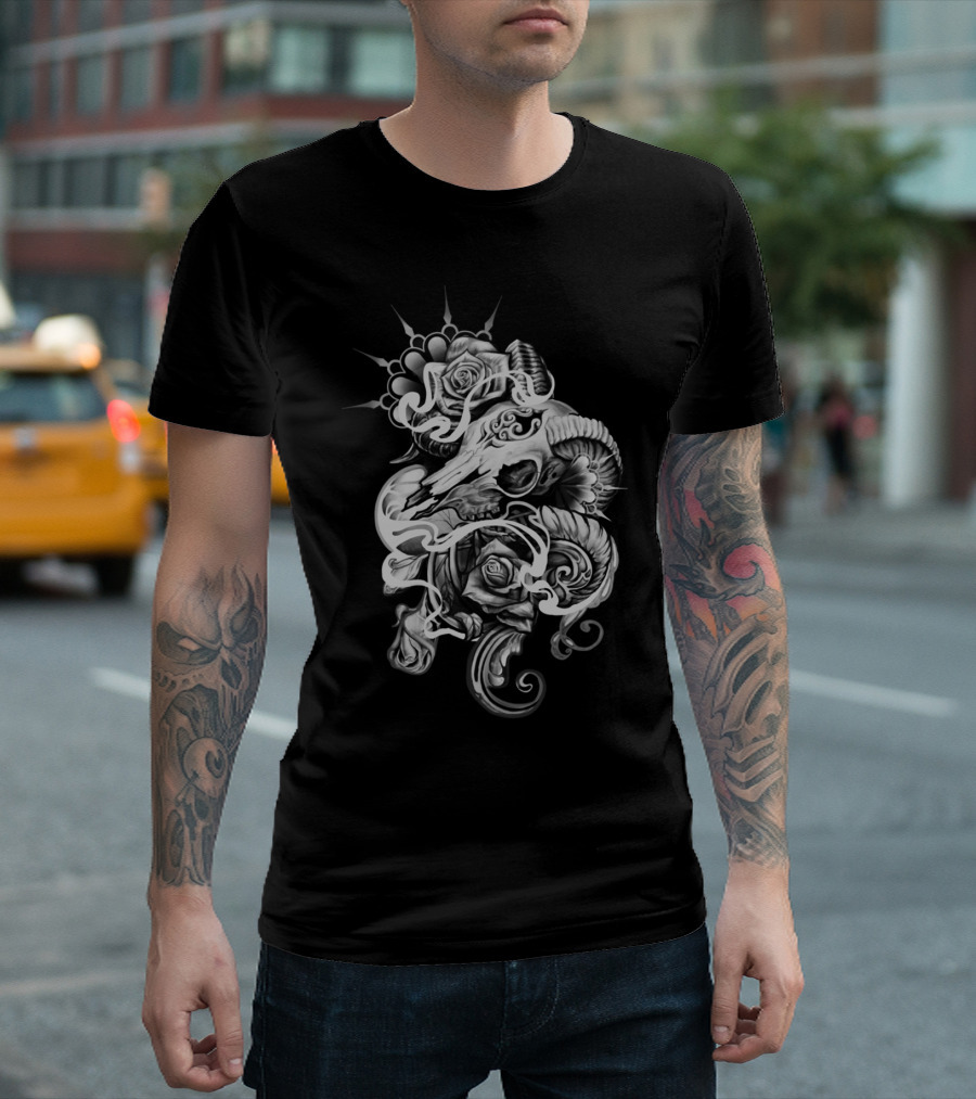 Smokey Roses And Ram Skull With Ornate Floral Swirls T-Shirt