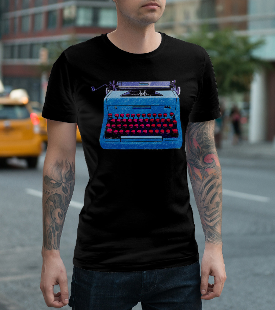 Hand Drawn Blue Typewriter Doodle Red Keys T-Shirt