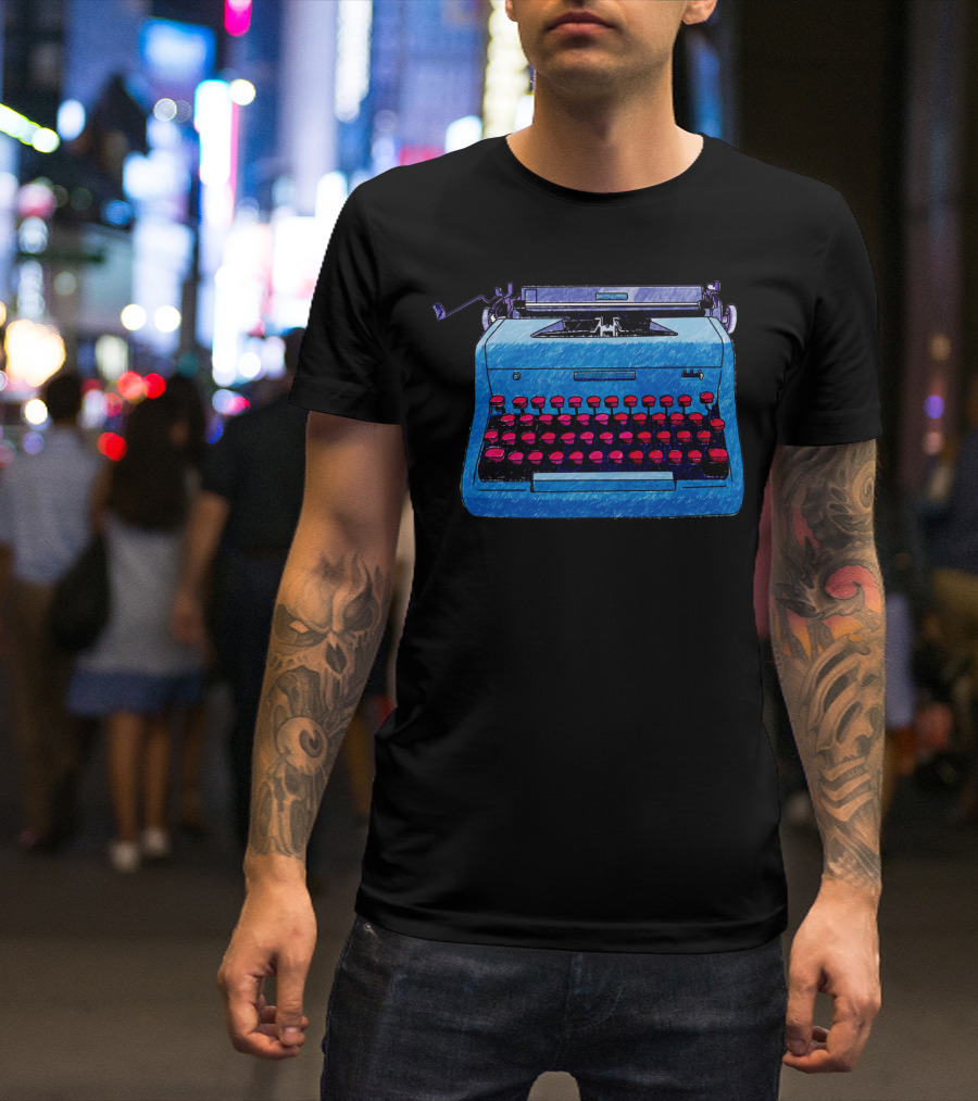 Hand Drawn Blue Typewriter Doodle Red Keys T-Shirt