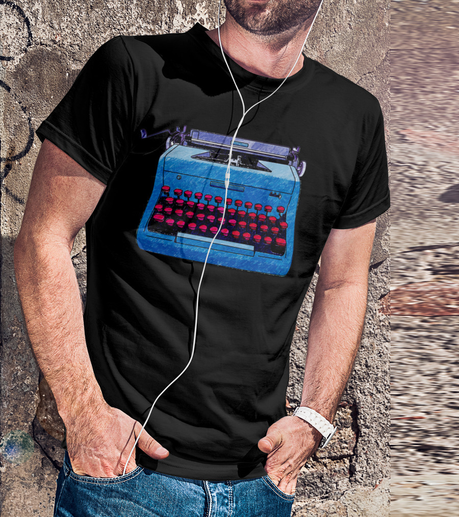 Hand Drawn Blue Typewriter Doodle Red Keys T-Shirt