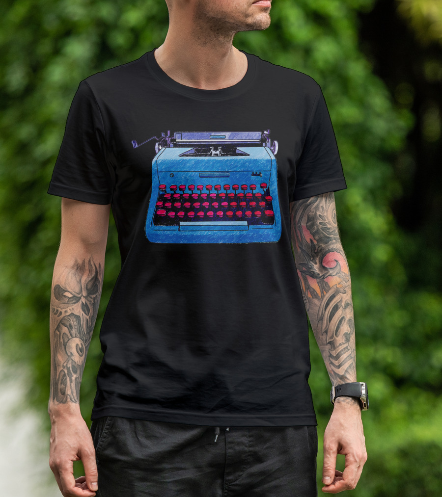Hand Drawn Blue Typewriter Doodle Red Keys T-Shirt
