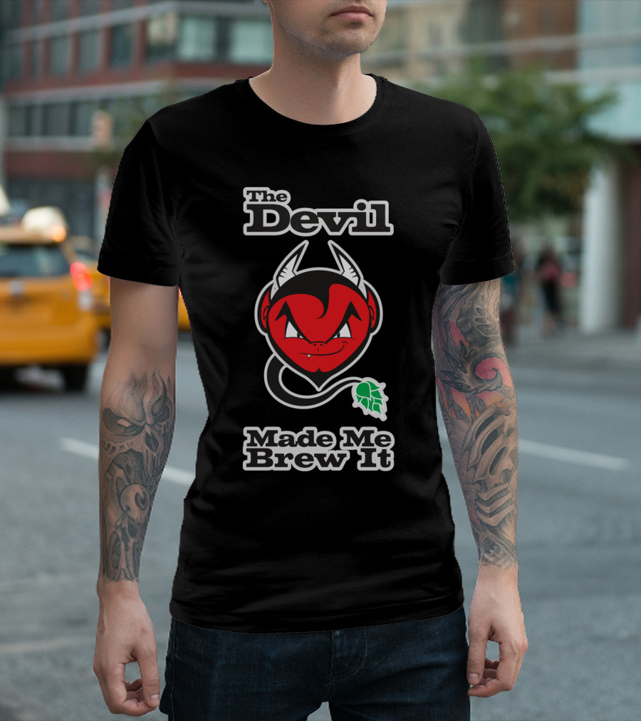 The Devil Made Me Brew It Red Devil Face with Hop Leaf Tail T-Shirt