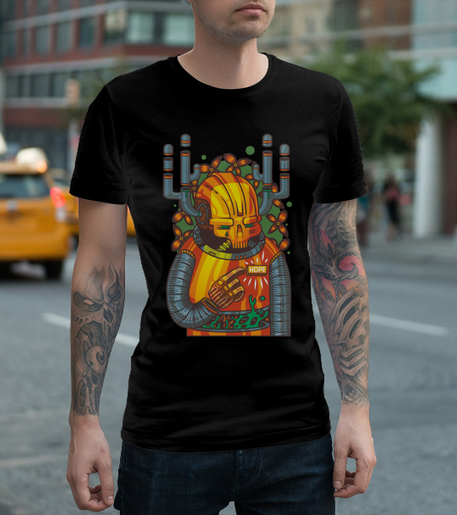 Hopeful Robot With Tubes And Orange Skull Helmet T-Shirt
