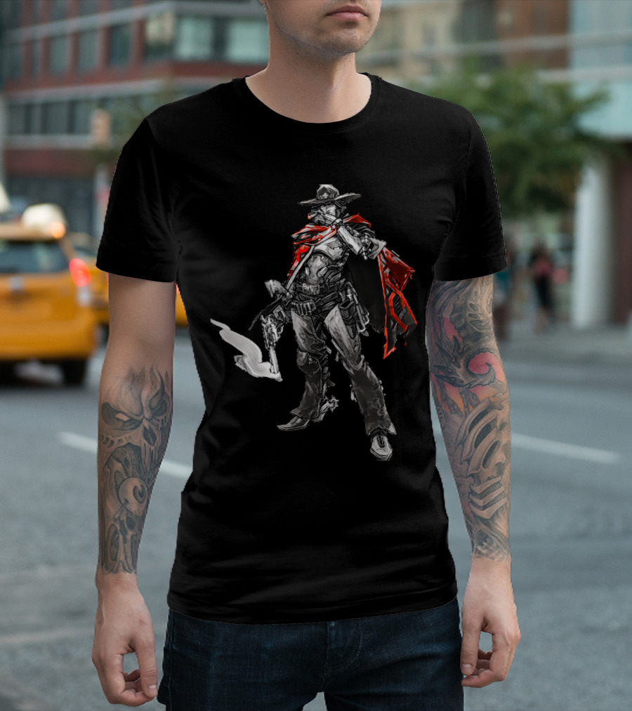 Caped Cowboy Gunfighter With Red Cape And Futuristic Armor T-Shirt