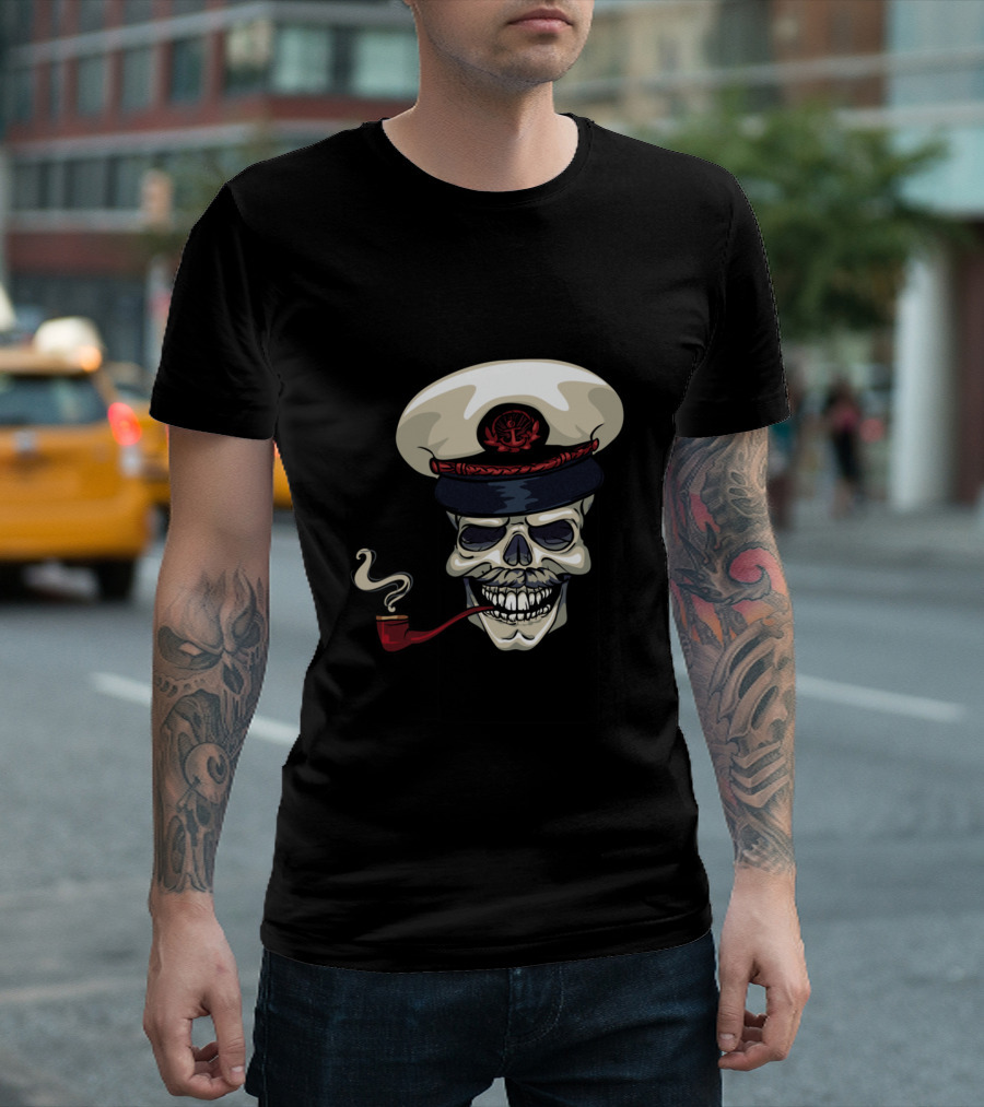 Pipe Smoking Skull With Captain's Hat T-Shirt