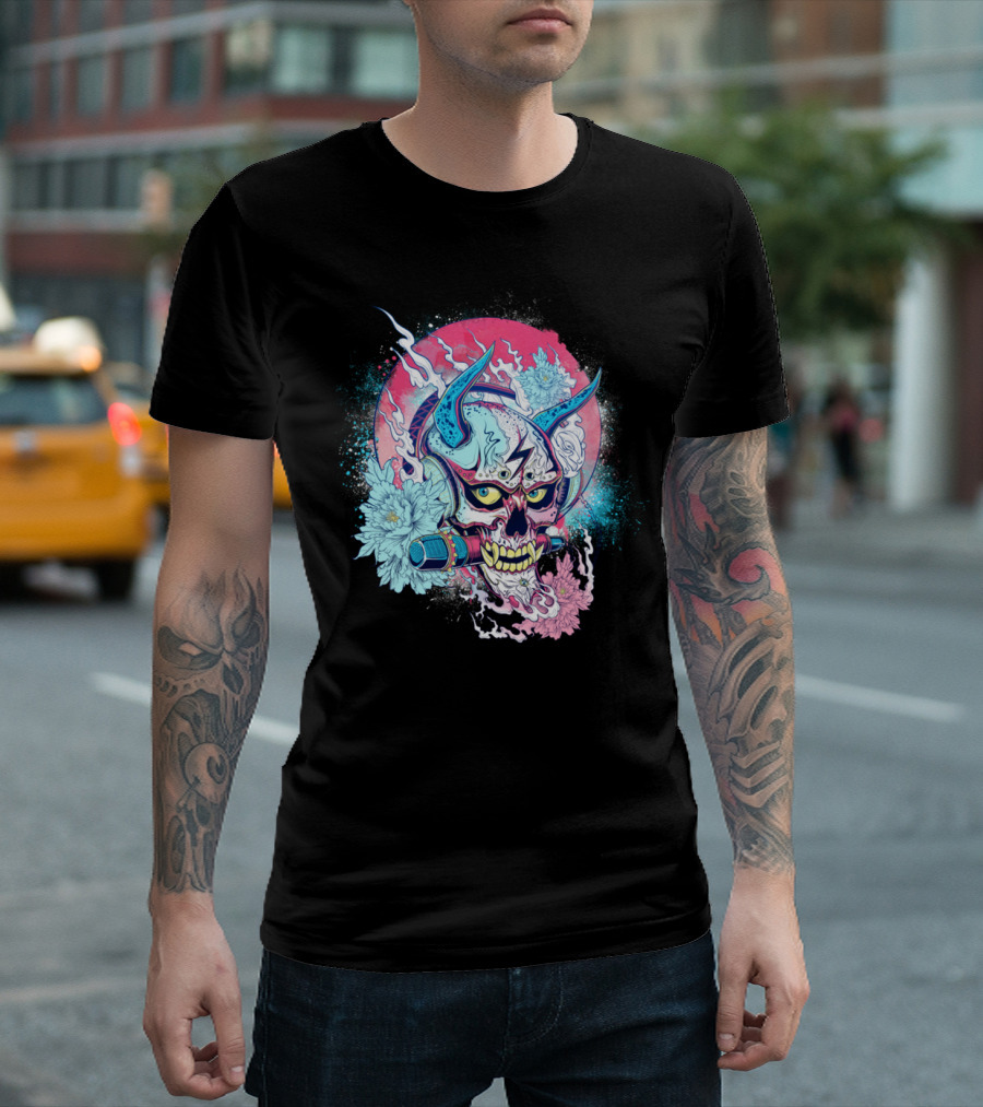 Hannya Skull with Headphones Lightning Bolt Flowers and Microphone T-Shirt