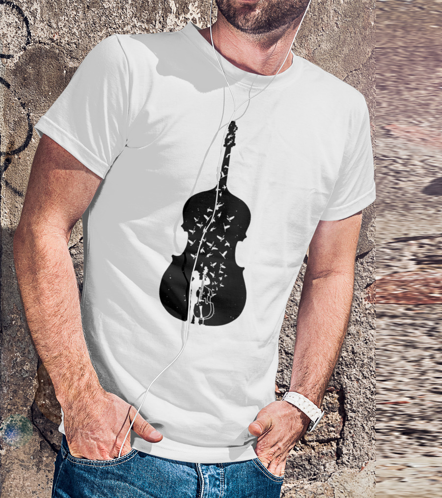 Double Bass Player Silhouette With Birds T-Shirt