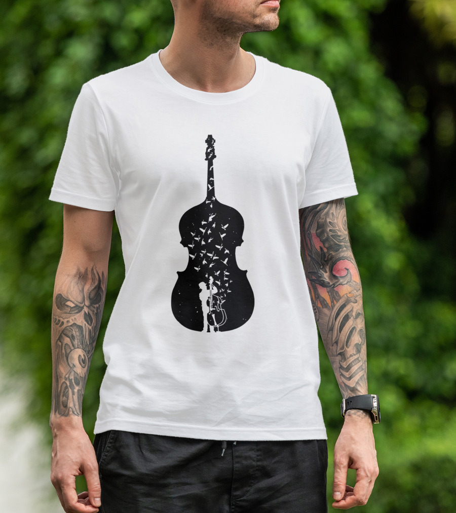 Double Bass Player Silhouette With Birds T-Shirt