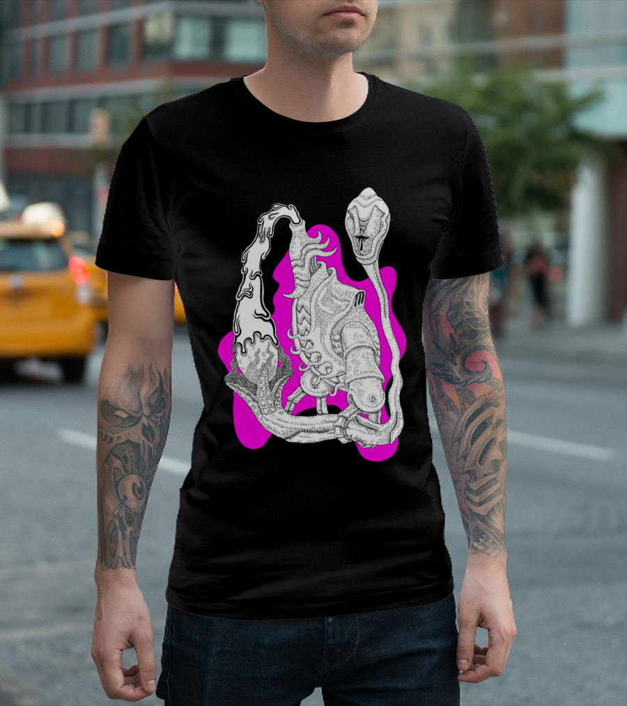 The Egg Splasher Skeleton Robot Alien Creature with Pink Background T-Shirt