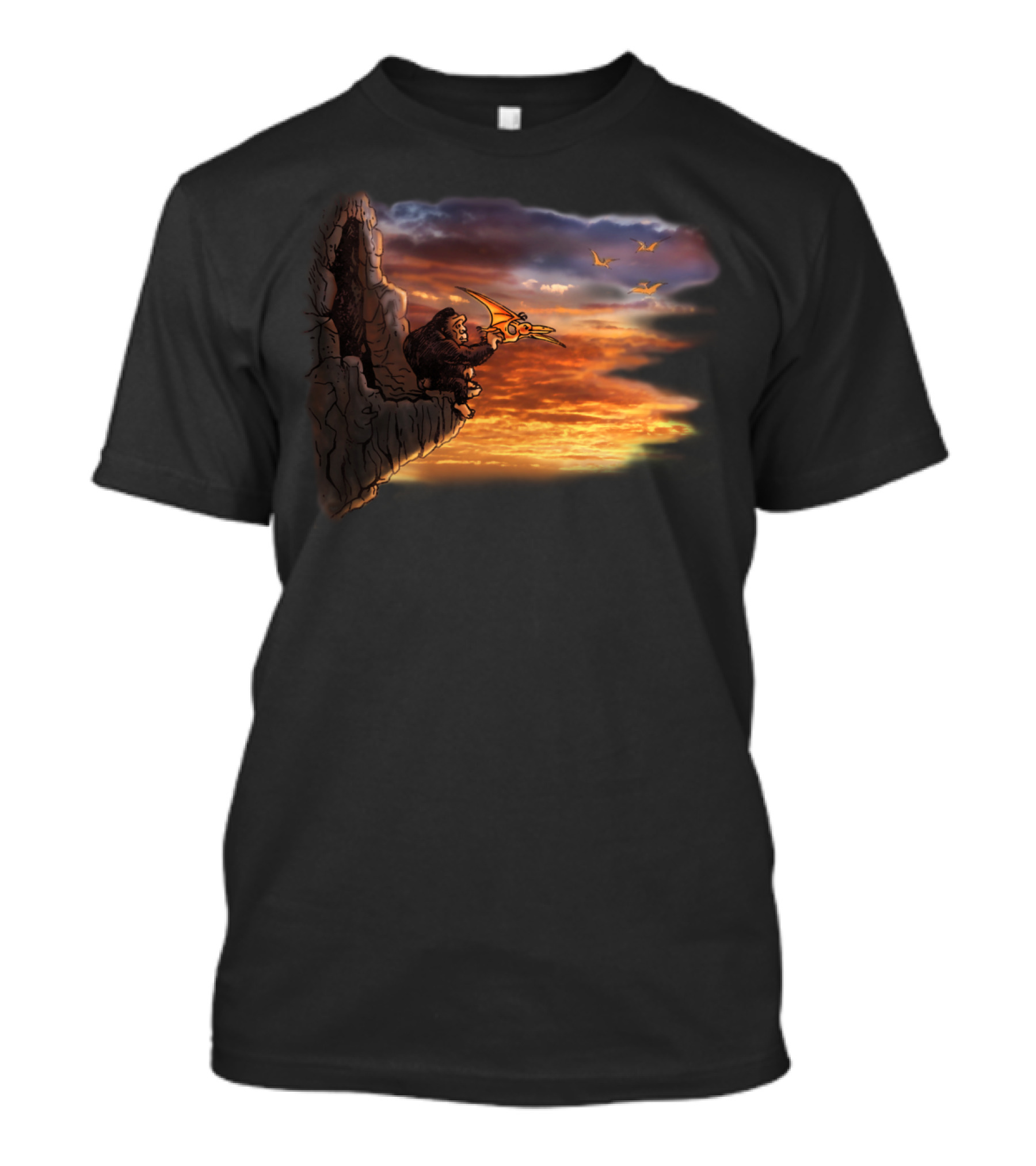 Giant Gorilla Holding Pterodactyl At Sunset Cliff Edge T-Shirt