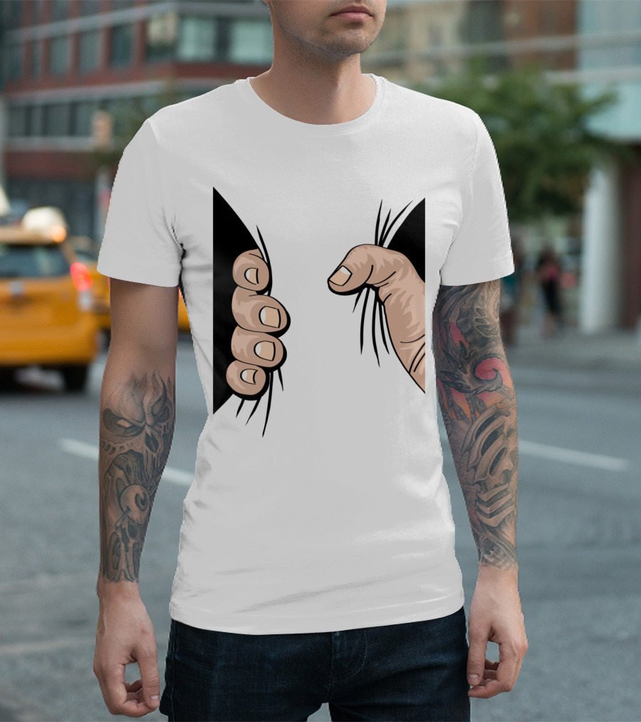 Giant Hand Squeeze Peeking Through Black Fabric T-Shirt