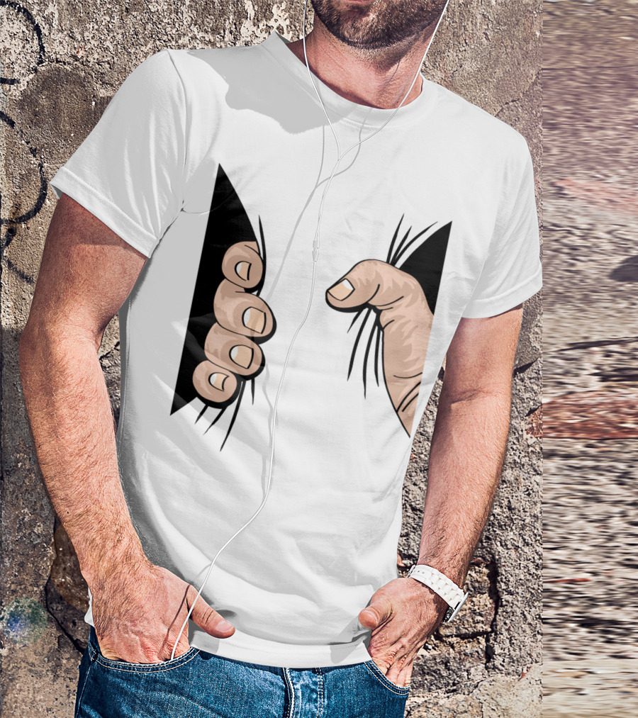 Giant Hand Squeeze Peeking Through Black Fabric T-Shirt
