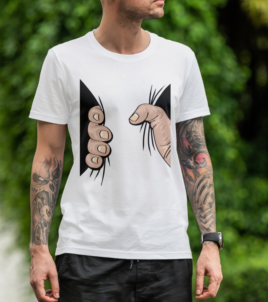 Giant Hand Squeeze Peeking Through Black Fabric T-Shirt