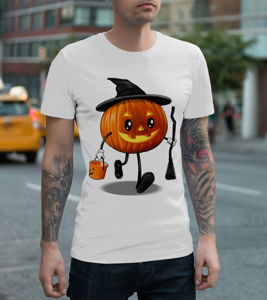 Jack O Treat Pumpkin Witch with Broom and Candy Bucket Halloween T-Shirt