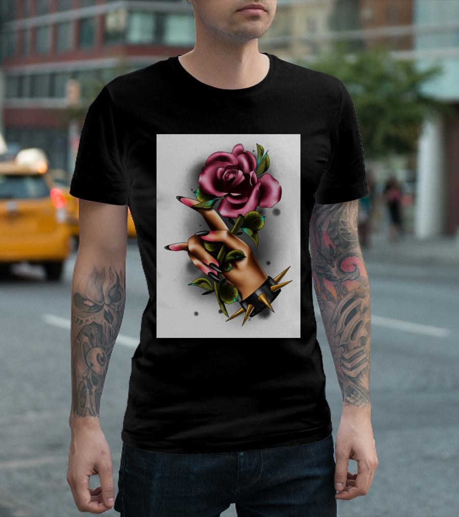 Rock Hand Gesture with Spiked Bracelet and Rose T-Shirt