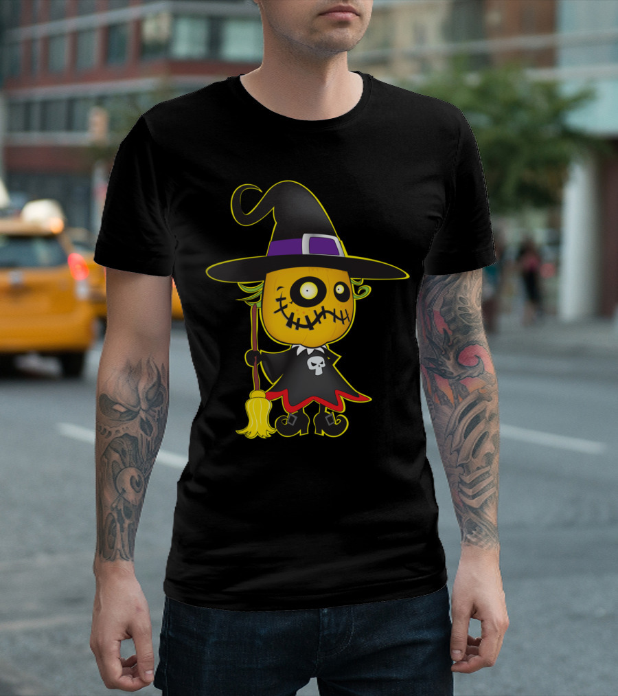 Pumpkin Witch with Broom and Skull Halloween Costume T-Shirt